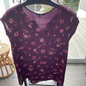 Papermoon Reece Mixed Material Top - Purple/Maroon with Pink Flowers - XL